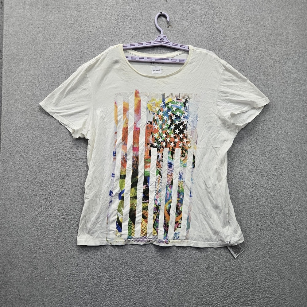 Guess Men Shirt XL White Colorful USA American Flag Graphic Print Long Line Fit